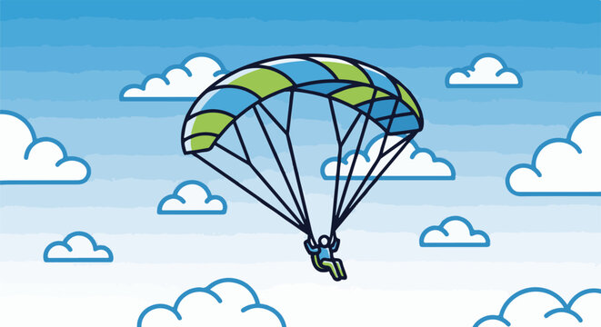 Person paragliding through clouds on a bright, blue sky day