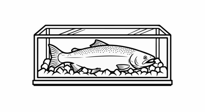 Line art of a spotted fish in a rectangular tank with rocks
