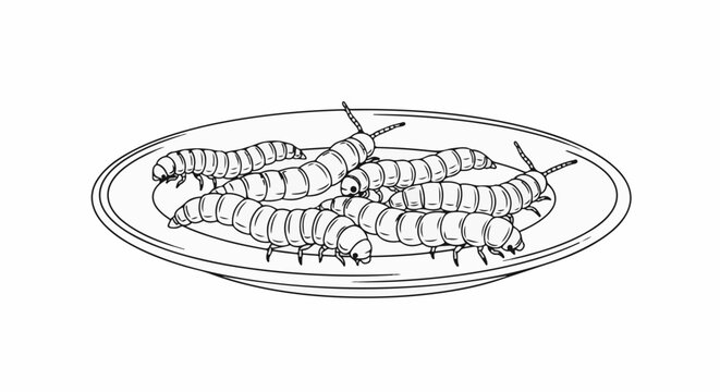 Black and white illustration of several segmented insects on a round plate