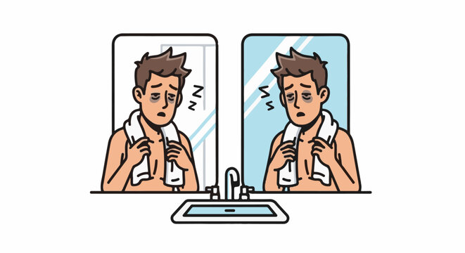 Exhausted person with dark circles under eyes looks in mirror