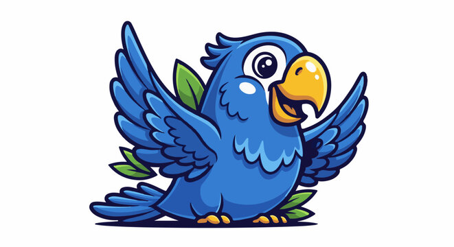 Adorable blue cartoon parrot with yellow beak, wide eyes, and spread wings