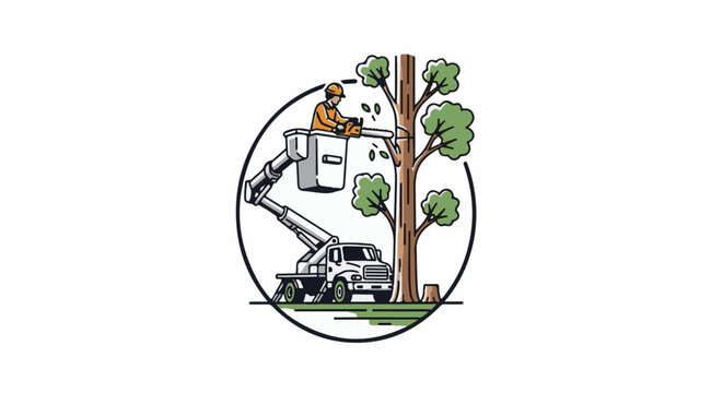 A tree trimmer in a bucket truck uses a chainsaw to prune a tree limb
