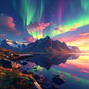 Vibrant aurora borealis dancing above serene mountain lake