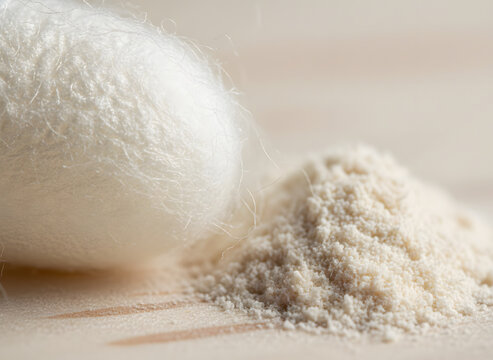 Macro Shot of Raw Silk Cocoon and Pure Silk Protein Powder on Wood