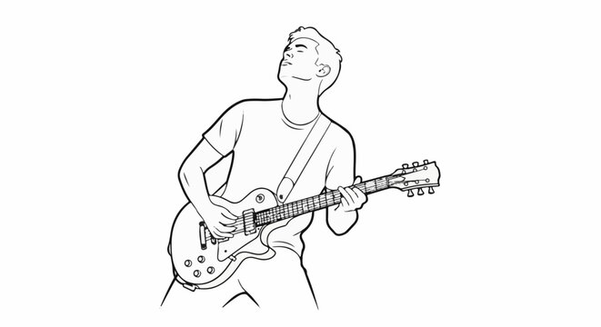 Young man plays an electric guitar with passion and closed eyes