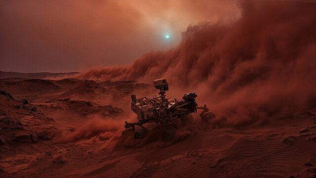 Mars Rover in Massive Dust Storm on Red Planet Surface Cinematic Space Exploration 3D Render with Dramatic Red Sky and Distant Sun