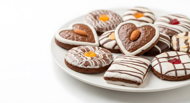 Lebkuchen or traditional German christmas cookies in chocolate flavor served on a white plate on a matching color background