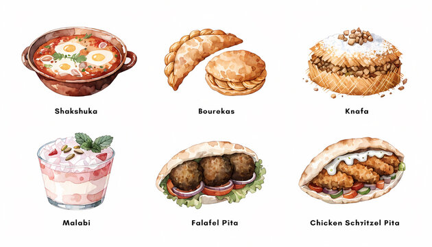 A set of six watercolor illustrations featuring traditional Middle Eastern street dishes including shakshuka, bourekas, knafa, malabi drink, falafel pita, and chicken schnitzel pita. Collection is sui