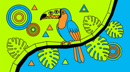 Obraz premium Three Eyed Toucan on Geometric Jungle Leaves Pop Surrealism Flat Illustration with Bold Outlines