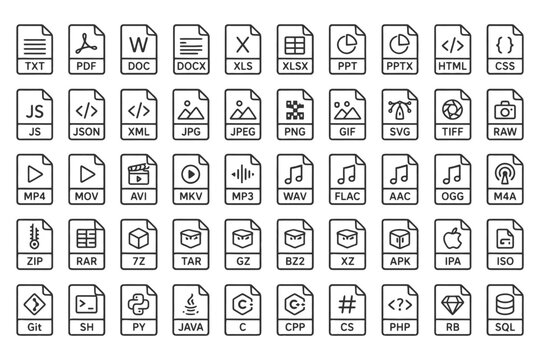 Icons of various file formats including document, audio, video, image, and compression types.