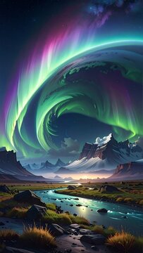 Vibrant aurora borealis swirling above a serene mountain landscape