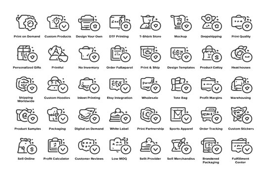 Icon set for print on demand and e-commerce services with minimalist design.