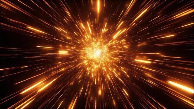 A dynamic abstract depicts bright golden lines radiating from a central point against a black background
