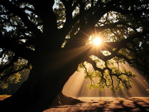 Ancient oak silhouette, dust motes dance in sunlight, memories whisper through weathered bark,  nature,  autumnal