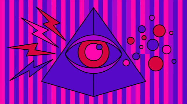 Floating Eye in Geometric Pyramid with Zig-Zag Bolts Pop Surrealism Flat Illustration with Bold Outlines