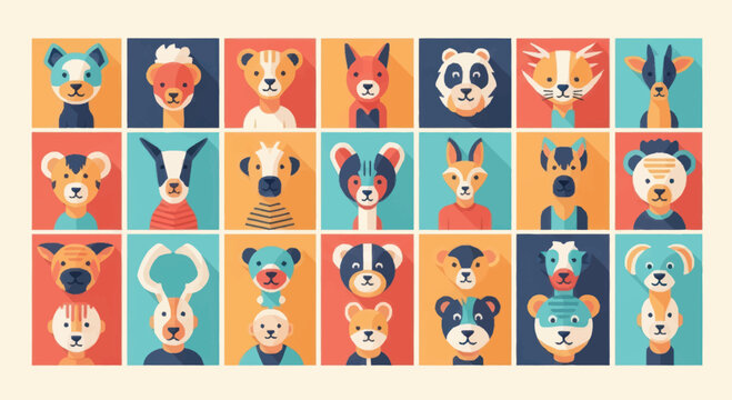 Colorful cartoon animal faces variety.