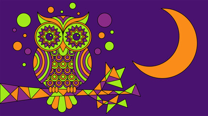 Fototapeta premium Geometric Psychedelic Owl with Star Eyes and Crescent Moon Pop Surrealism Flat Illustration with Bold Outlines