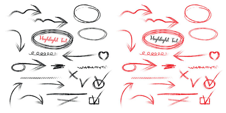 Hand Drawn Doodle Arrows and Scribble Elements Set, Black and Red Sketch Curved Arrows, Highlight Circles, Check Marks, Zigzag Lines and Annotation Symbols for Infographic, UI, Web and Presentation.