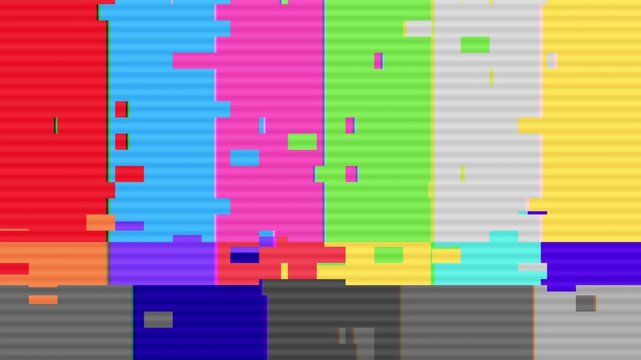 Abstract digital error signal with colorful glitched television test pattern display background