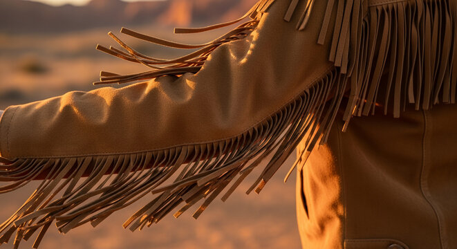 Fringe jacket detail, warm sunlight, bohemian style, desert background