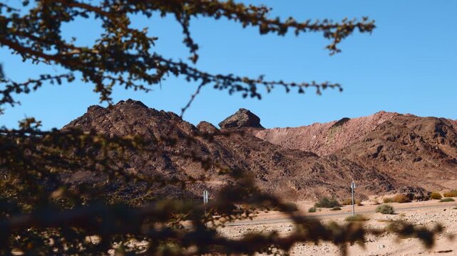 Desert landscape. Panorama of the beautiful and colorful desert of Timna National Park in southern Israel. Travel and adventure.