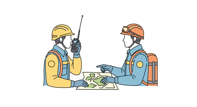 Two workers with safety gear communicating.