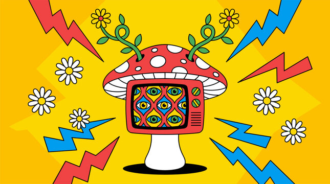 Mushroom Shaped Television With Eye Pattern And Floating Flowers Pop Surrealism Flat Illustration With Bold Outlines