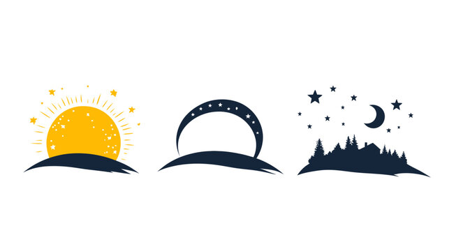 Three minimalist designs depicting daytime, transition, and nighttime scenes with various celestial bodies