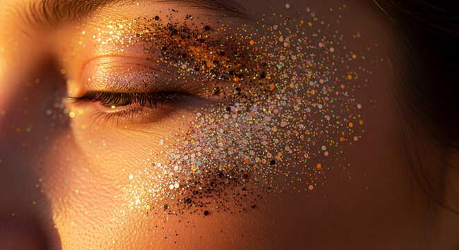 Glitter makeup close-up on a young woman with joyful expression at sunset, coachella