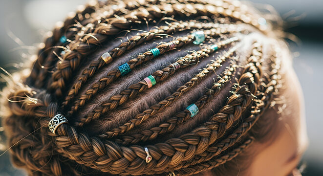 Braided hairstyle with colorful beads in a sunny outdoor setting
