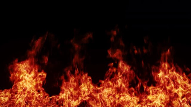 Fire flames wall on black background. Burning fire line isolated. Realistic blazing fire wall.