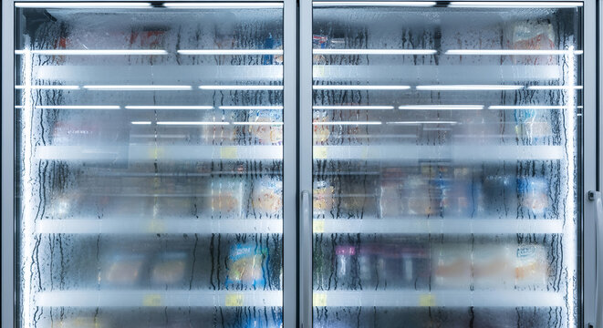 Frozen food section with condensation on glass in a supermarket