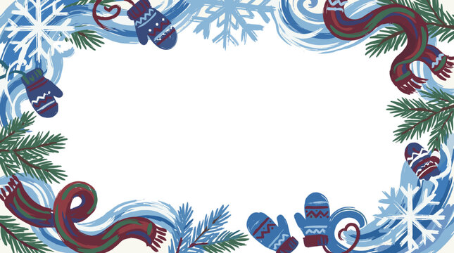 A festive winter-themed border illustration featuring snowflakes, pine branches, mittens, and scarves, perfect for holiday greetings or seasonal designs.