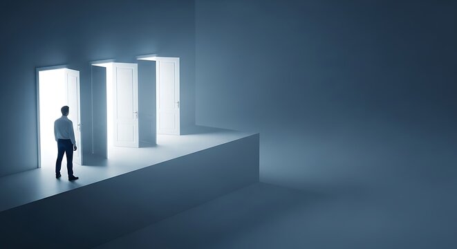 Man stands on ledge looking at three open doors with bright light shining from each, symbolizing choices and opportunity.