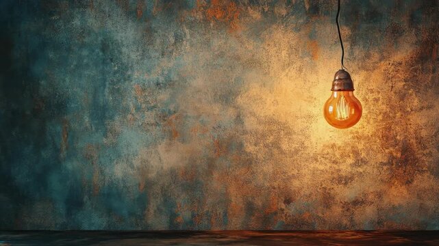 A hanging lightbulb illuminates a textured wall with cool teal and warm orange hues