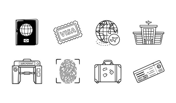 A set of travel icons including passport, visa, and luggage