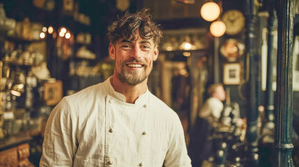 Fototapeta premium Smiling young chef portrait in a cozy restaurant kitchen, expressing hospitality, confidence, and culinary professionalism