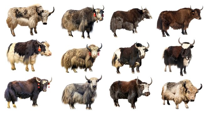 Yak twelve different yaks isolated Bos mutus grunniens