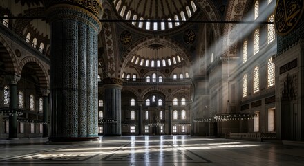 Obraz premium Ornate mosque interior with sunlight streaming through large windows