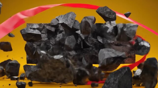 Dynamic abstract composition featuring exploding dark fragments, red ribbon, yellow background, and motion