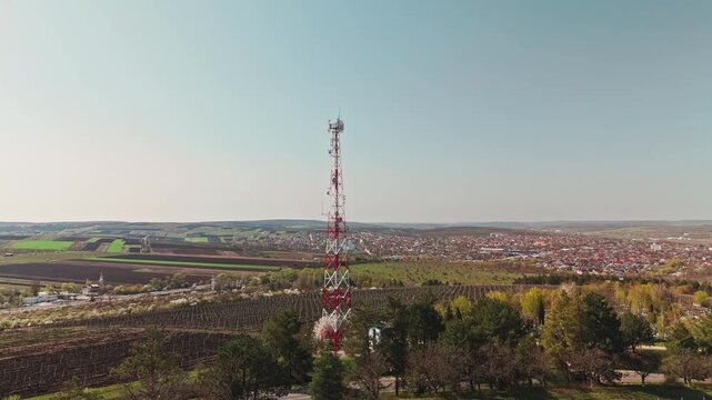 Aerial View Telecom Tower Above Vineyards Redandwhite Lattice Mast Rising From Service Building Surrounded