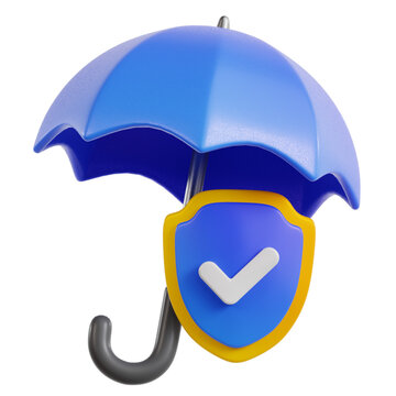 A blue umbrella protecting a shield with a checkmark, symbolizing security, safety, and protection against unforeseen circumstances