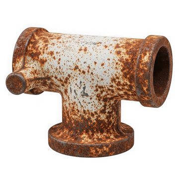 Rusty old metal pipe fitting with t-shaped joint and corroded surface