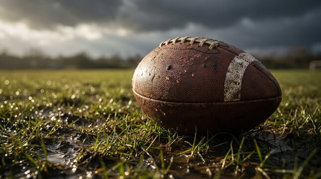 American football ball on muddy field after rain