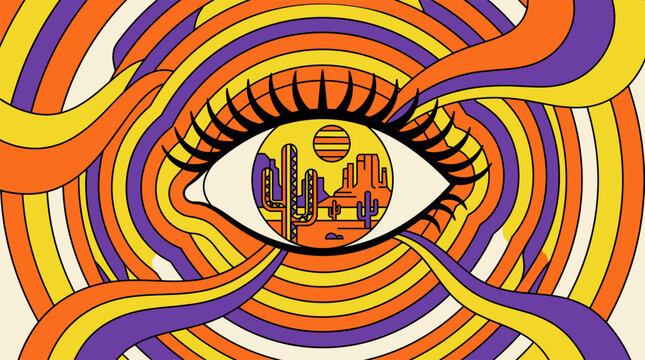 Surreal Eye with Desert Landscape and Cacti Pupil, Pop Surrealism Flat Illustration with Bold Outlines