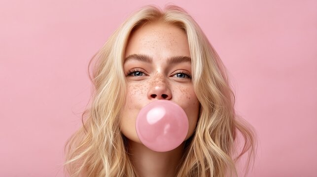 Blonde woman blows pink bubble gum. Her eyes gaze softly at the camera. Soft pink background adds dreamy tone. Image conveys playful, youthful energy. Perfect for social media or advertising campaigns