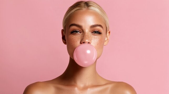 Blonde woman blows pink bubblegum bubble. Soft pink background creates dreamy atmosphere. Her eyes are focused, relaxed, and playful. Ideal for beauty, lifestyle, or playful advertising
