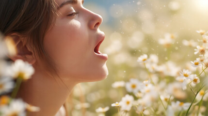 Fototapeta premium Japanese Female Pre-Sneeze Moment Nose Mouth Facial Muscle Distortion Bright Airy Lighting Soft Focus Wildflower Field Pollen Sparkle Background 