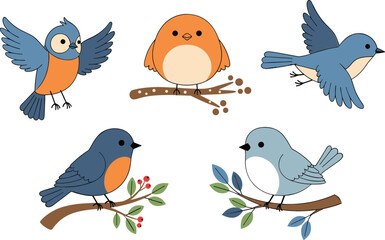 Naklejka premium Cute Bird Characters Collection with Perched and Flying Songbirds, Cartoon Avian Animals, Nature Wildlife Illustration Vector Set for Kids Design