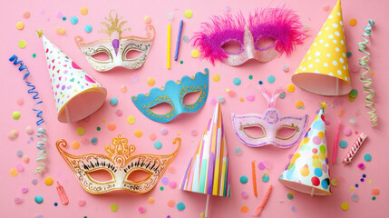 Fototapeta premium Colorful Birthday Party Concept with Hats, Masks and Candles Celebration Background